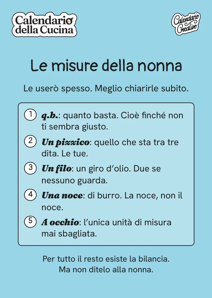 Pagina introduttiva del calendario: le misure della nonna